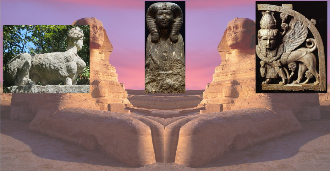 La sfinge MB 13 (al centro) e due sfingi non egizie (ai lati), su uno sfondo con elaborazione della grande sfinge di Gizah La sfinge MB 13 (al centro) e due sfingi non egizie (ai lati), su uno sfondo con elaborazione della grande sfinge di Gizah