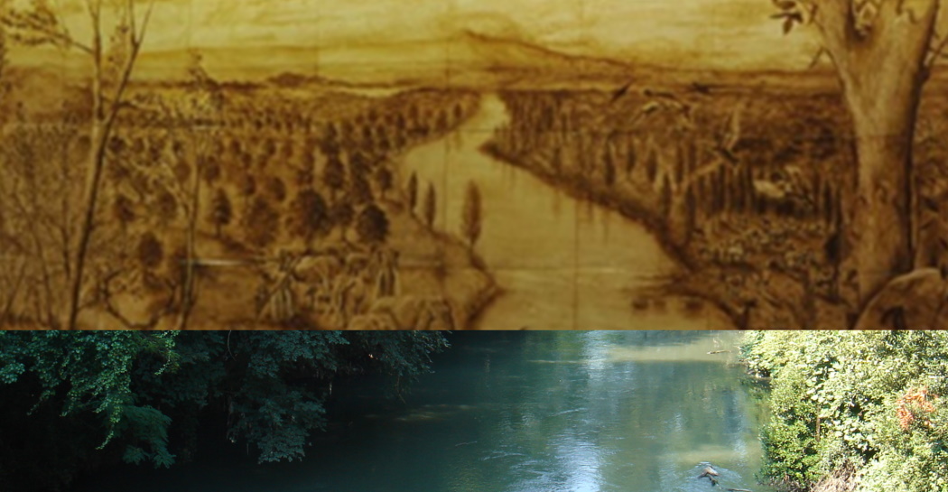 In alto: il fiume Aniene in una ricostruzione dalle maioliche artistiche all’ingresso del Museo; in basso: un trattodella bassa valle dell’Aniene oggi In alto: il fiume Aniene in una ricostruzione dalle maioliche artistiche all’ingresso del Museo; in basso: un trattodella bassa valle dell’Aniene oggi