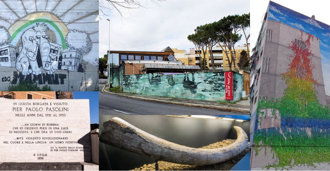 Alcune tappe dell’itinerario letterario nel quartiere di Rebibbia-Casal de’ Pazzi (da sx a dx): il primo murale di Zerocalcare dedicato al “Mammut”; la targa dedicata a Pier Paolo Pasolini; l’esterno del Museo di Casal de’ Pazzi con il murale di Jerico “Riflessi”; una delle zanne di elefante antico esposte presso il Museo; il murale di Blu “Carcere avvolto da rampicanti”. Alcune tappe dell’itinerario letterario nel quartiere di Rebibbia-Casal de’ Pazzi (da sx a dx): il primo murale di Zerocalcare dedicato al “Mammut”; la targa dedicata a Pier Paolo Pasolini; l’esterno del Museo di Casal de’ Pazzi con il murale di Jerico “Riflessi”; una delle zanne di elefante antico esposte presso il Museo; il murale di Blu “Carcere avvolto da rampicanti”.