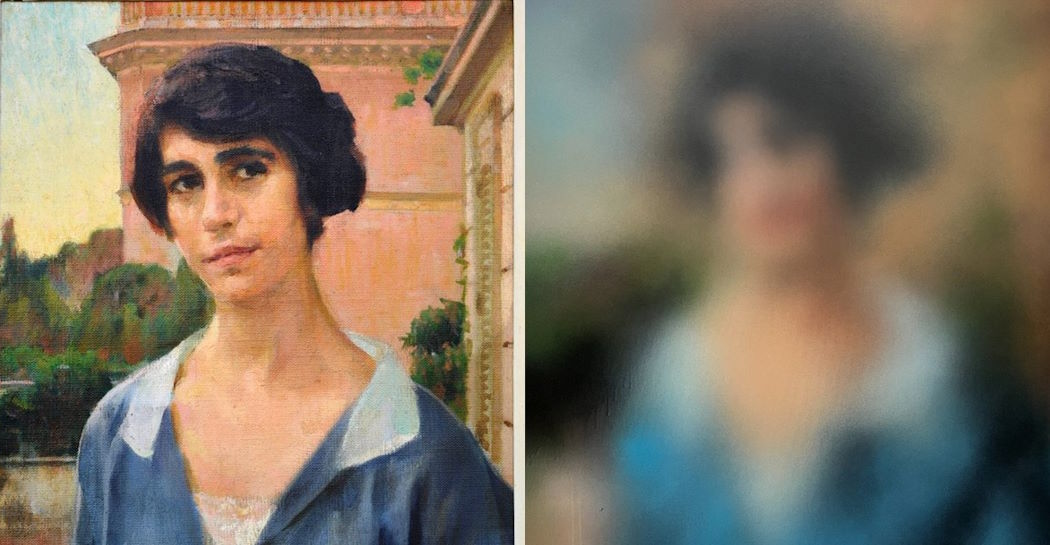 Giacomo Balla, Ritratto femminile (Annina Levi), 1930-40, olio su tela, GAM AM 5350; Miaz Brothers, Ritratto di donna, 2023, aerografo su tela Giacomo Balla, Ritratto femminile (Annina Levi), 1930-40, olio su tela, GAM AM 5350; Miaz Brothers, Ritratto di donna, 2023, aerografo su tela
