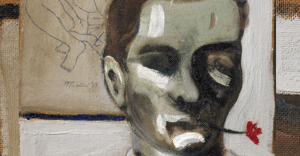 Pier Paolo Pasolini, Autoritratto con fiore in bocca, 1947, olio su faesite Pier Paolo Pasolini, Autoritratto con fiore in bocca, 1947, olio su faesite