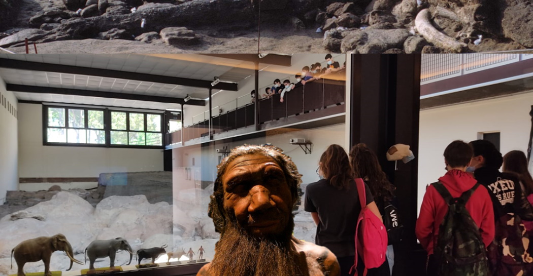Il giacimento in corso di scavo, prima della sua musealizzazione, ed il Museo visitato da studenti con un uomo di Neanderthal che fa “capolino” Il giacimento in corso di scavo, prima della sua musealizzazione, ed il Museo visitato da studenti con un uomo di Neanderthal che fa “capolino”