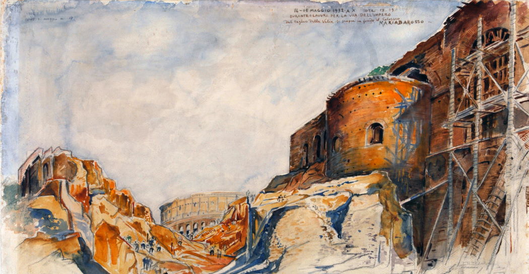 M. BAROSSO, «Durante i lavori per Via dell’Impero. Dal taglio della Velia si scopre in fondo il Colosseo», matita e acquerello su carta (14-15 maggio 1932). Roma, Museo di Roma, Gabinetto delle Stampe M. BAROSSO, «Durante i lavori per Via dell’Impero. Dal taglio della Velia si scopre in fondo il Colosseo», matita e acquerello su carta (14-15 maggio 1932). Roma, Museo di Roma, Gabinetto delle Stampe