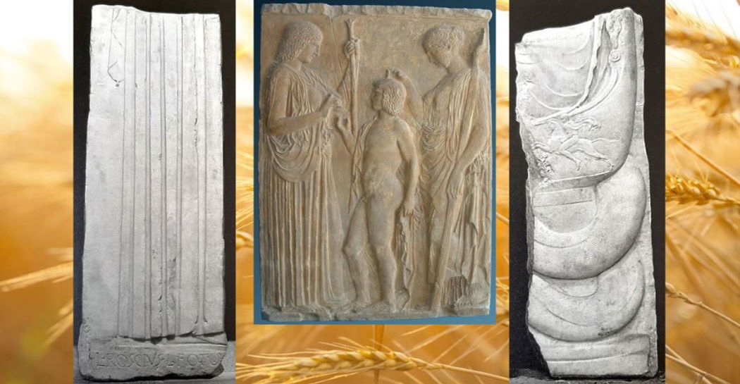 Le due facce del frammento di lastra scolpita, con iscrizione di L. Roscius, Museo Barracco; al centro: grande rilievo di Eleusi, Atene, Museo Archeologico Nazionale Le due facce del frammento di lastra scolpita, con iscrizione di L. Roscius, Museo Barracco; al centro: grande rilievo di Eleusi, Atene, Museo Archeologico Nazionale