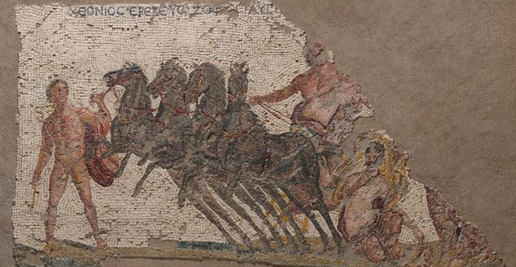 dettaglio del mosaico con il ratto di Proserpina esposto in Sala Caldaie dettaglio del mosaico con il ratto di Proserpina esposto in Sala Caldaie