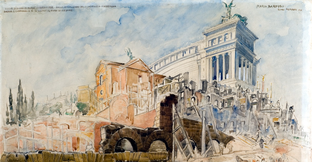 Maria Barosso, Demolizione delle case in Via Cremona per gli scavi al Foro di Cesare, 1932, matita e acquerello su carta, MR - 2492, Roma, Museo di Roma. Foto: Alfredo Valeriani. Copyright dell'immagine: Roma Capitale, Sovrintendenza Capitolina ai Beni Culturali. Referenze fotografiche: Roma, Museo di Roma, Archivio Iconografico