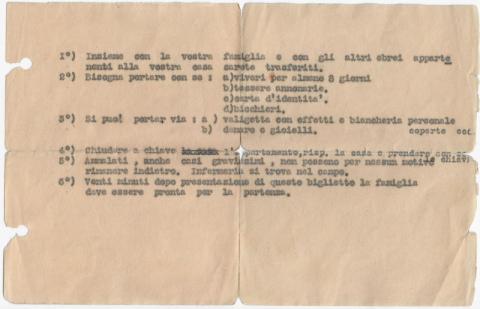 Biglietto consegnato alle famiglie ebraiche la mattina del 16 ottobre 1943 Roma, Museo Ebraico di Roma Biglietto consegnato alle famiglie ebraiche la mattina del 16 ottobre 1943 Roma, Museo Ebraico di Roma