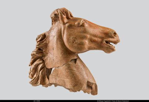 Terrecotte architettoniche dalla via Latina, acroterio centrale con testa e collo di cavallo, inizi I secolo a.C., Musei Capitolini, Antiquarium Terrecotte architettoniche dalla via Latina, acroterio centrale con testa e collo di cavallo, inizi I secolo a.C., Musei Capitolini, Antiquarium