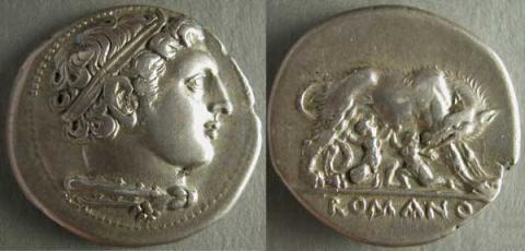 Moneta (didramma) della serie romano-campana: Ercole e lupa che allatta i gemelli Moneta (didramma) della serie romano-campana: Ercole e lupa che allatta i gemelli