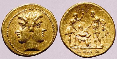 Moneta (mezzo statere) della serie del giuramento: testa di Giano bifronte e scena di giuramento Moneta (mezzo statere) della serie del giuramento: testa di Giano bifronte e scena di giuramento