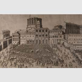 Anonimo del XVI sec. Antonio Lafréry editore, La benedizione papale in Piazza San Pietro, Anzio, Biblioteca Clementina 